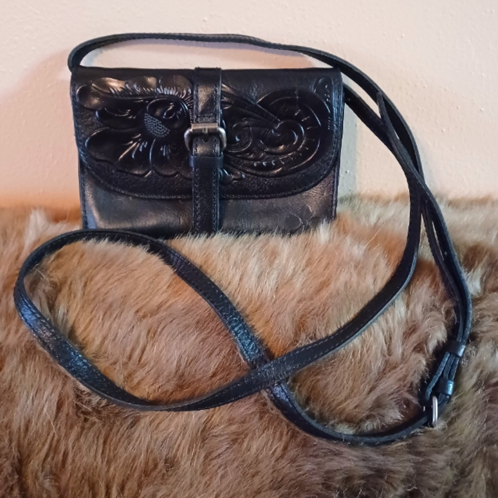Patricia Nash Tori Genuine Leather Tooled Black Small Crossbody Bag 7.5"
